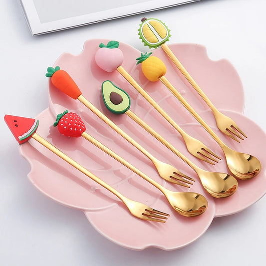 7 Delig roestvrijstalen lepel en vork met schattig fruitmotief