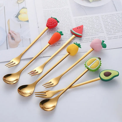 7 Delig roestvrijstalen lepel en vork met schattig fruitmotief
